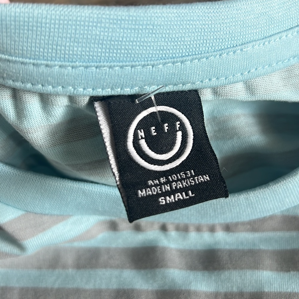NEW NEFF Light Blue Grey Stripes Embroidered Pocket area Smiling Mushrooms Small - Picture 4 of 4